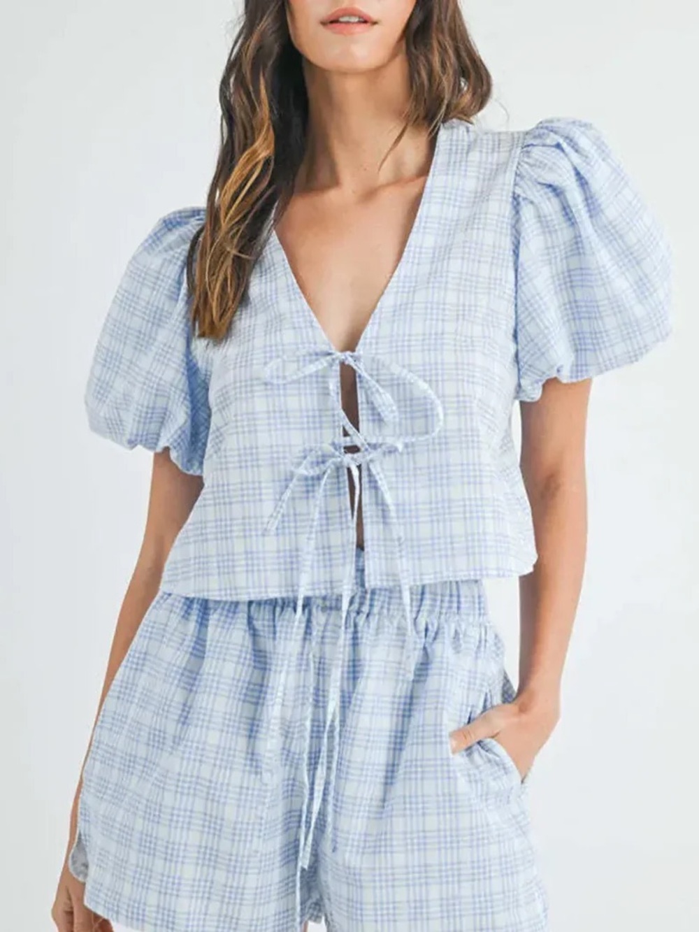 Mable Light Blue Plaid Tie-Front Puff Sleeve Crop Top
